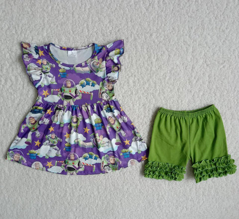 B18-2 Baby Girls Pearl Sleeve Ruffles Shorts Sets Summer Outfits