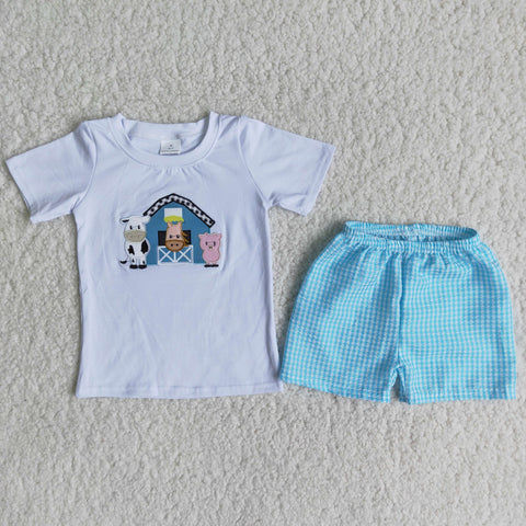 B18-12 Farm Baby Boys Embroidery Tool Summer Shorts Sets