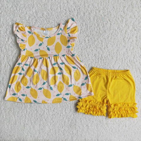 C15-37 Lemon Baby Girls Pearl Sleeve Shorts Sets Summer Outfits
