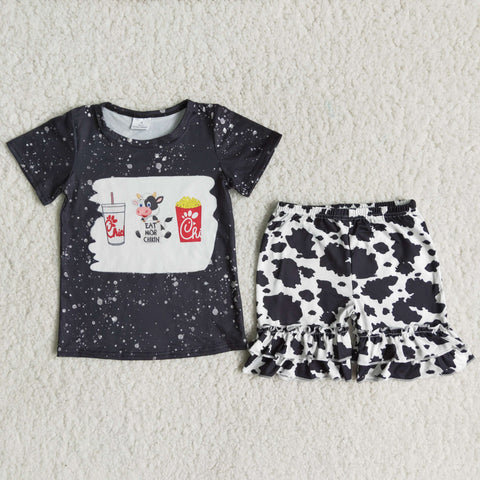 C16-7 Farm Baby Girls Short Sleeve Cows Shorts Sets Summer Outfits