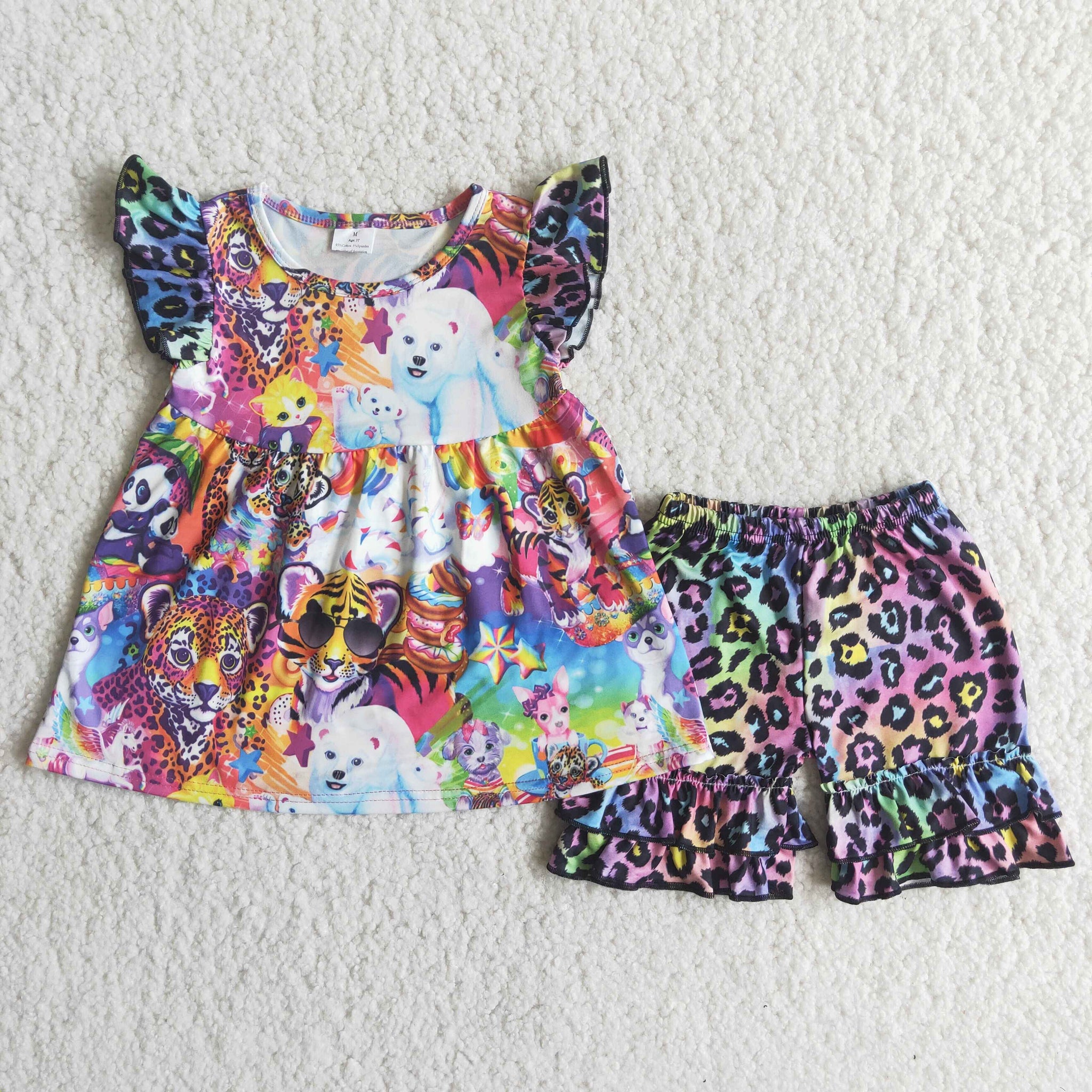 C16-3 Baby Girls Short Sleeve Colorful Leopard Shorts Sets