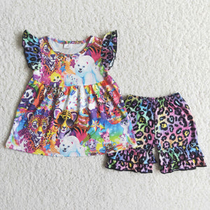 C16-3 Baby Girls Short Sleeve Colorful Leopard Shorts Sets