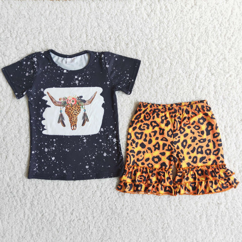 C14-37 Baby Girls Short Sleeve Bull Leopard Shorts Sets