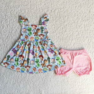 C14-3 Baby Girls Dinosaur Summer Pearl Sleeve Shorts Sets