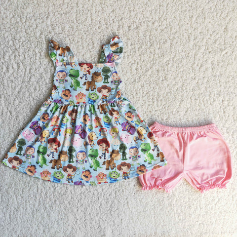 C14-3 Baby Girls Dinosaur Summer Pearl Sleeve Shorts Sets