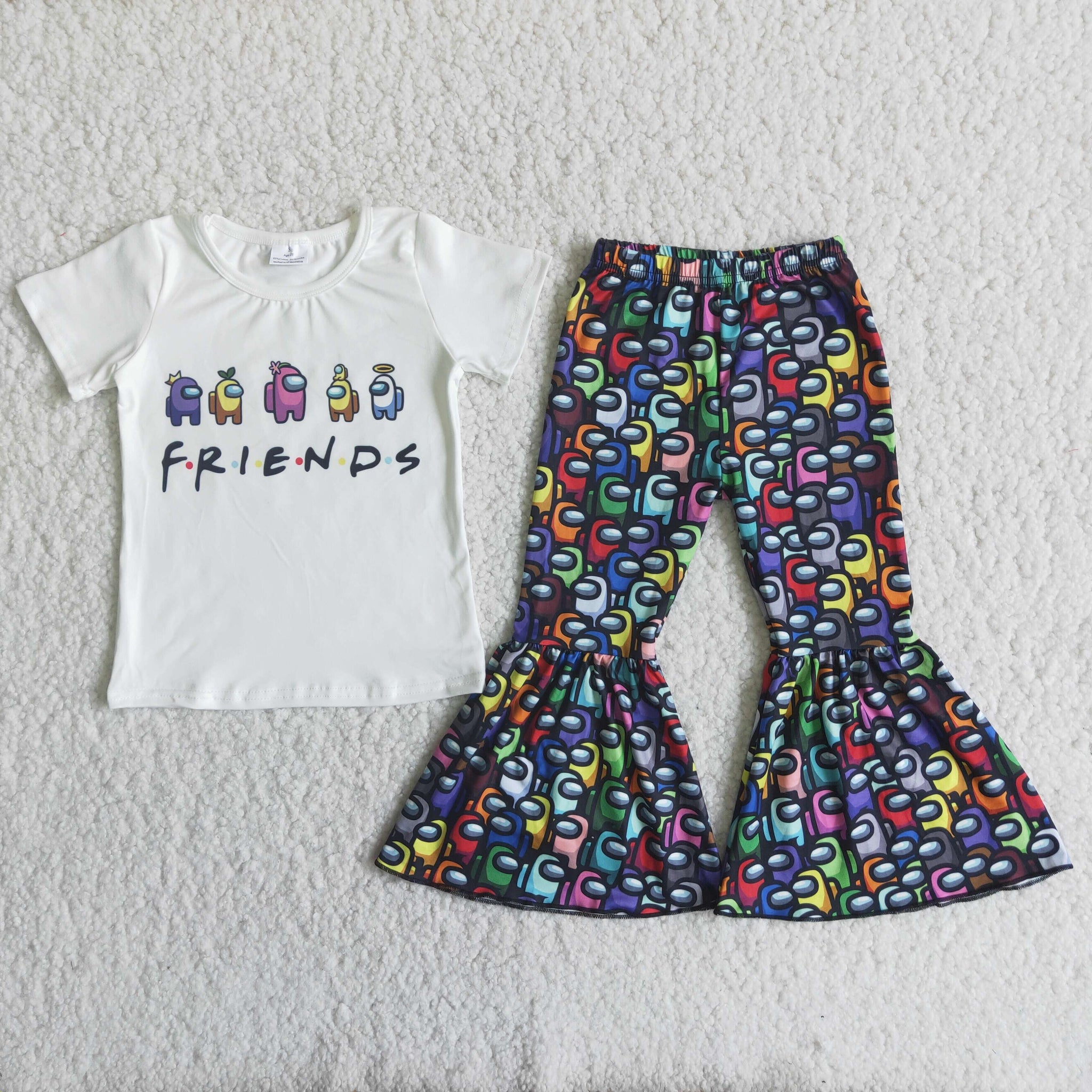 C15-20 Baby Girls White Tops Short Sleeve and Bell Bottoms Pants Sets