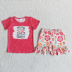 C14-4 Farm Bleached Baby Girls Short Sleeve Chicken Shorts Sets