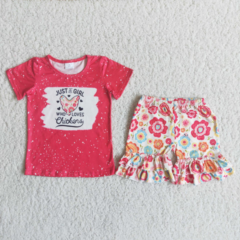 C14-4 Farm Bleached Baby Girls Short Sleeve Chicken Shorts Sets