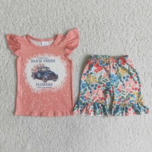 C4-24 Farm Bleached Baby Girls Pickup Flower Short Sleeve Shorts Sets