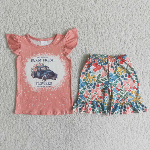 C4-24 Farm Bleached Baby Girls Pickup Flower Short Sleeve Shorts Sets