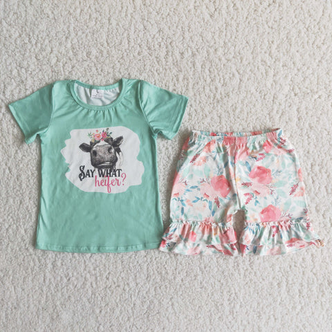 C4-16 Heifer Baby Girls Short Sleeve Flower Ruffles Shorts Sets