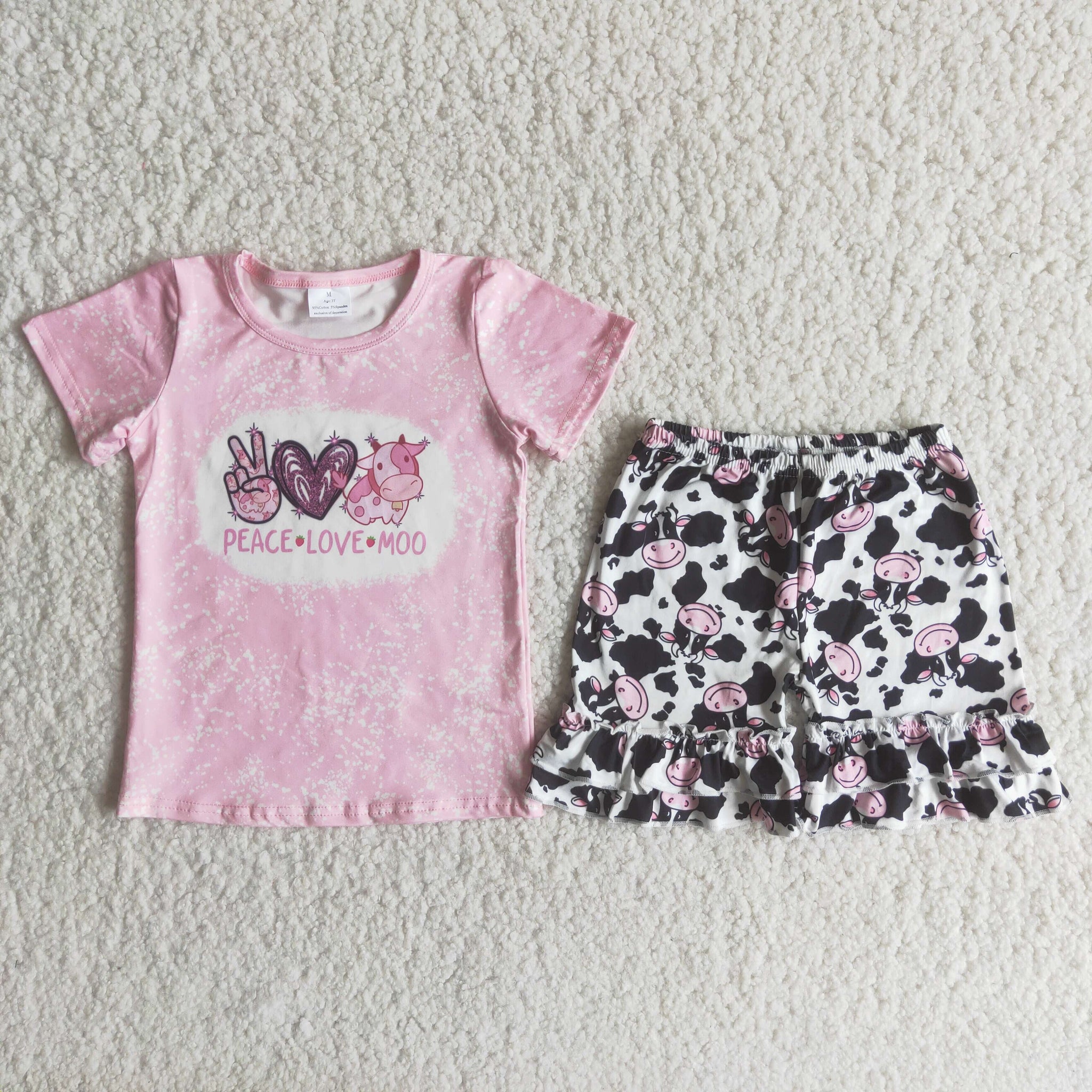B5-3 Peace Love Cows Baby Girls Short Sleeve Shorts Sets
