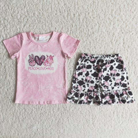 B5-3 Peace Love Cows Baby Girls Short Sleeve Shorts Sets