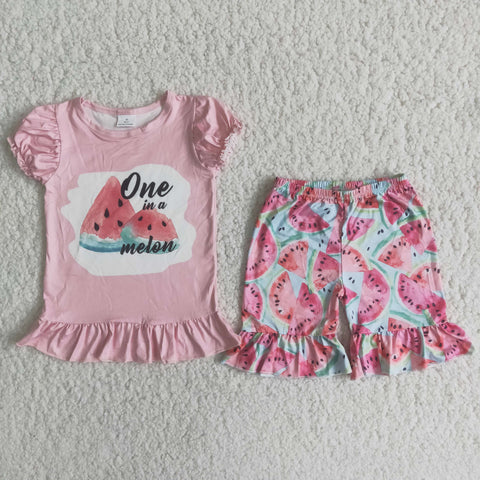 C1-23 Peace Love Watermelon Baby Girls Lantern Sleeve Shorts Sets