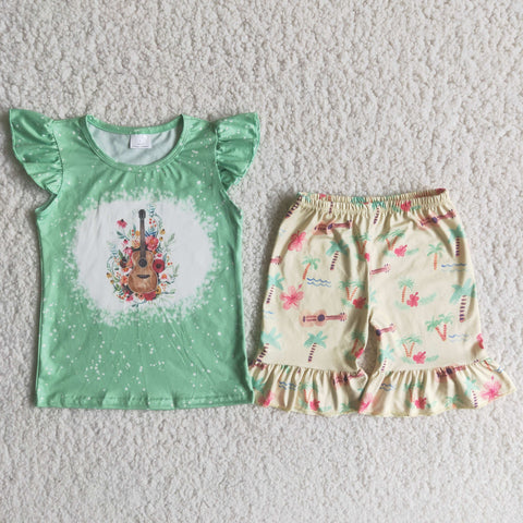 C6-3 Bleached Guitar Baby Girls Pearl Sleeve Shorts Sets