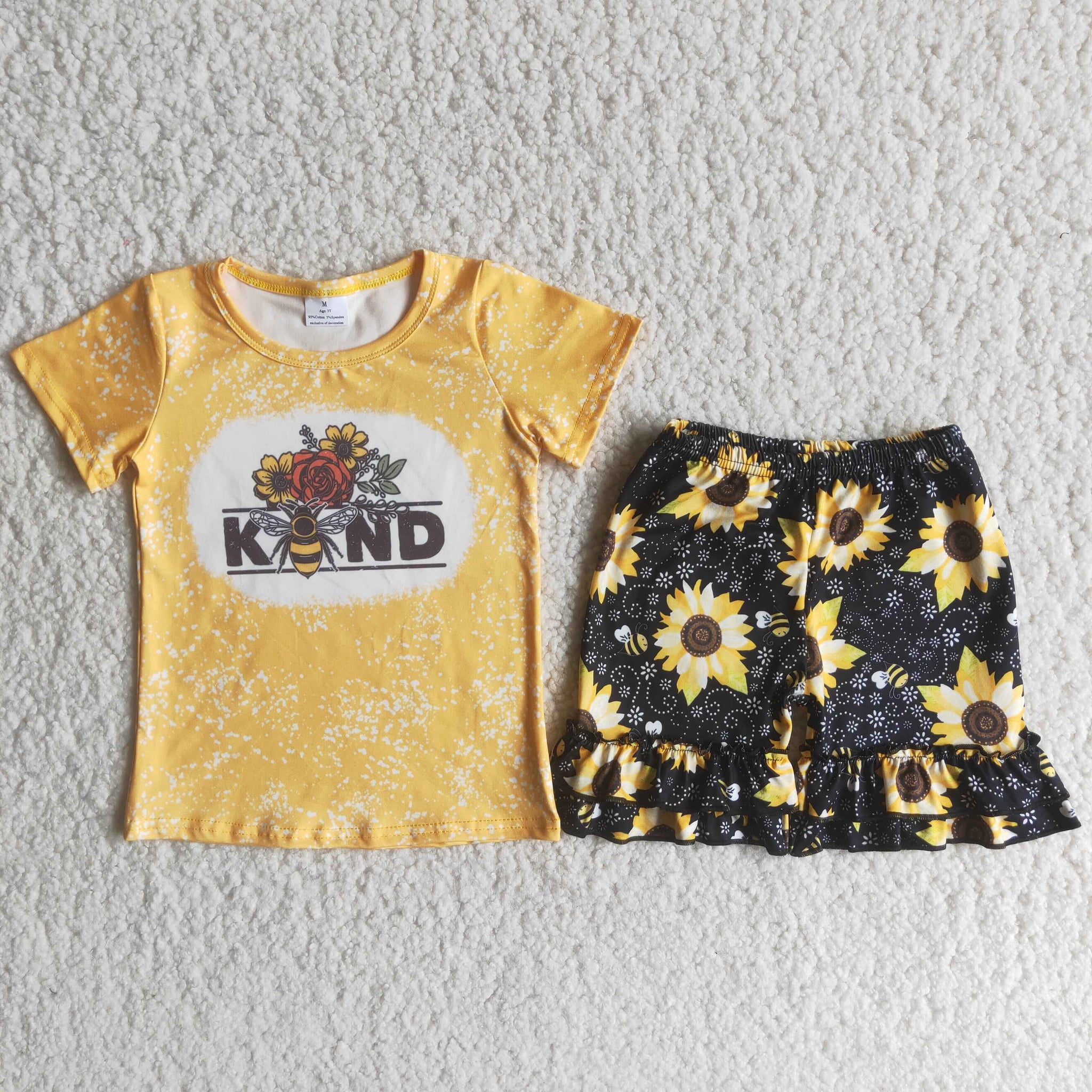 B5-2 Bleached Kind Sunflower Baby Girls Pearl Sleeve Shorts Sets