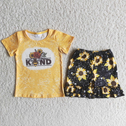 B5-2 Bleached Kind Sunflower Baby Girls Pearl Sleeve Shorts Sets