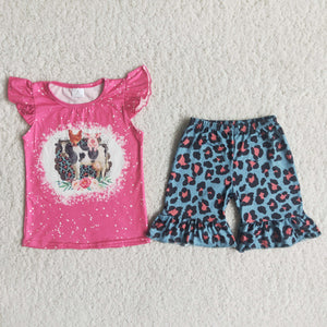 C5-2 Farm Baby Girls Pig Cows Pearl Sleeve Leopard Shorts Sets