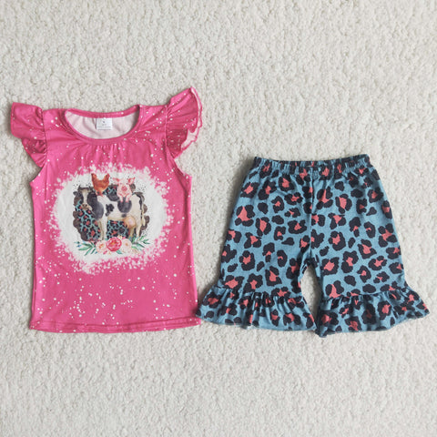 C5-2 Farm Baby Girls Pig Cows Pearl Sleeve Leopard Shorts Sets