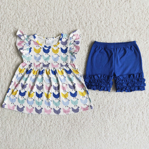 A10-11 Farm Baby Girls Chicken Pearl Sleeve Blue Shorts Sets