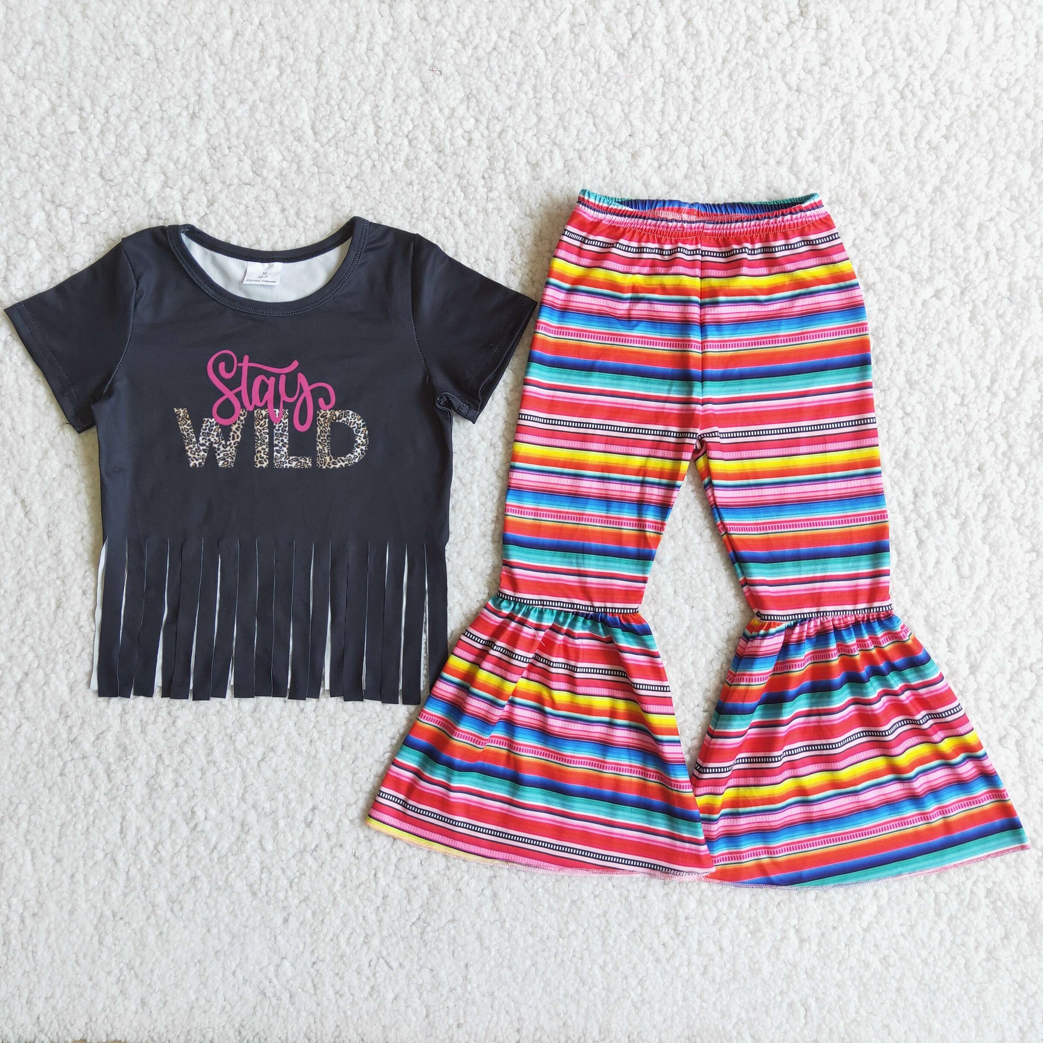 D13-2 Baby Girls Tassel Stay Wild Short Sleeve and Colorful Stripe Bell Bottoms Pants Sets