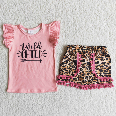 C3-3 Baby Girls Wild Child Pearl Sleeve Leopard Shorts Sets