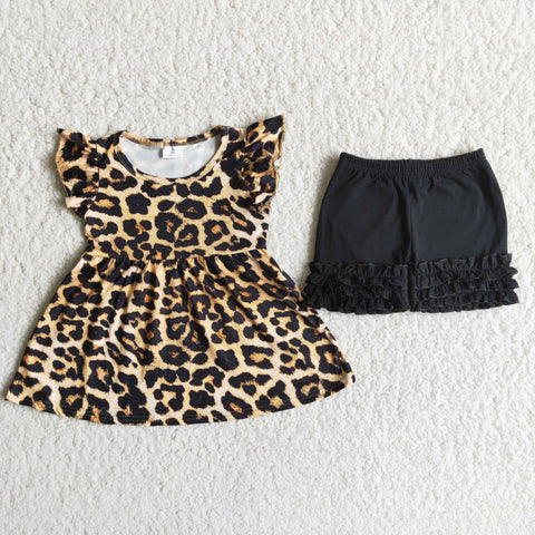 D6-12 Leopard Baby Girls Pearl Sleeve Shorts Sets