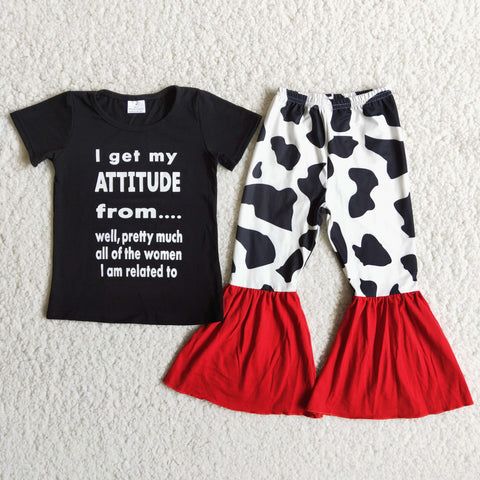 D12-20 Baby Girls Attitude Letter Short Sleeve and Bell Bottoms Pants Sets