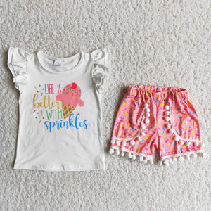 D13-20 Baby Girls Pearl Sleeve Shorts Sets
