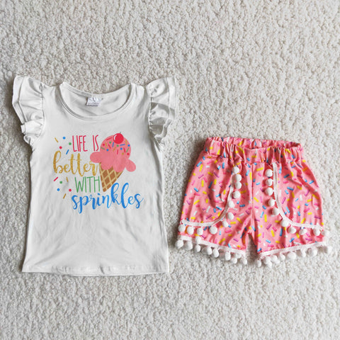 D13-20 Baby Girls Pearl Sleeve Shorts Sets