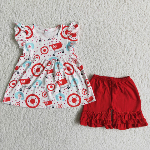 A7-14 Baby Girls Pearl Sleeve Red Ruffles Shorts Sets