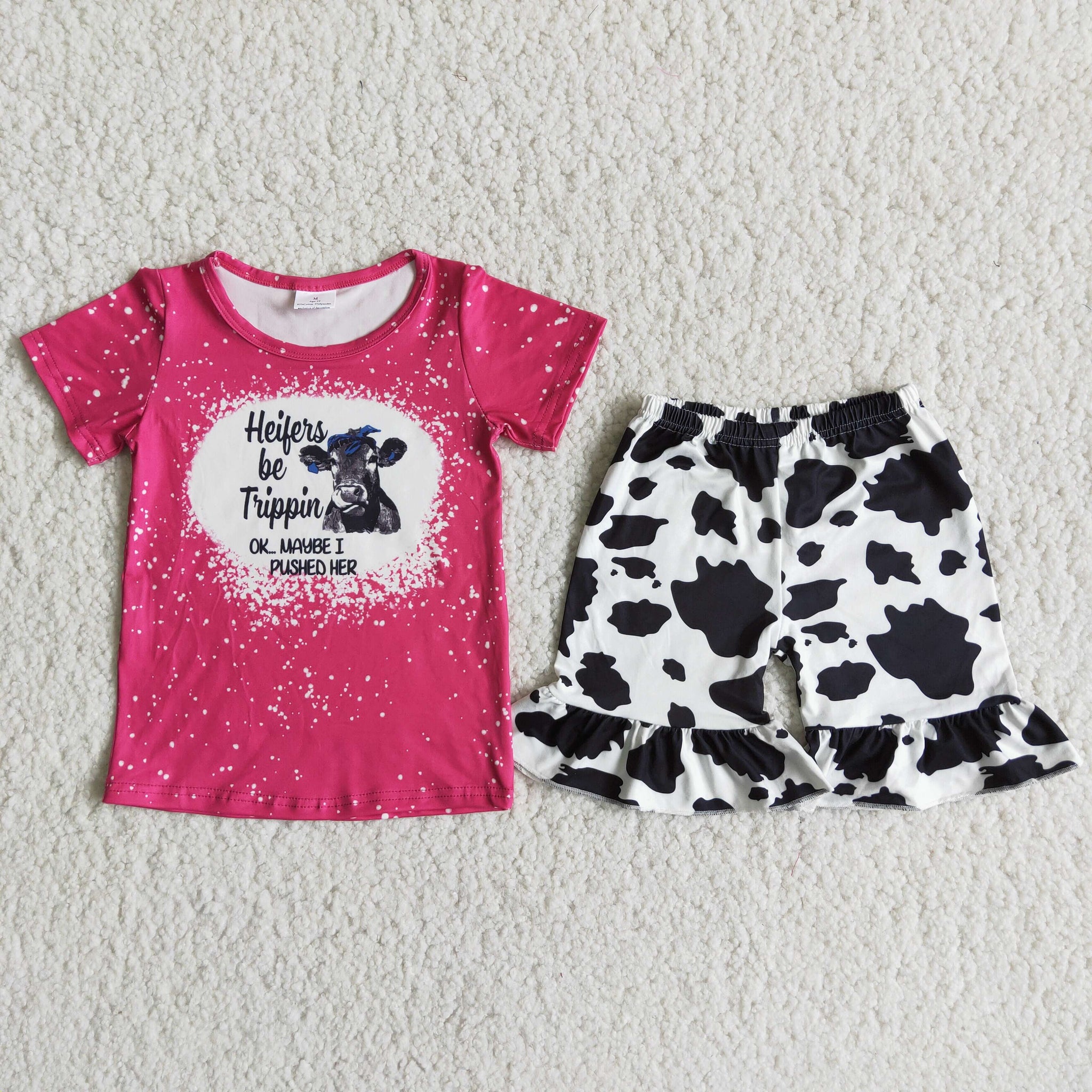 D12-19 Farm Heifer Baby Girls Short Sleeve Ruffles Shorts Sets