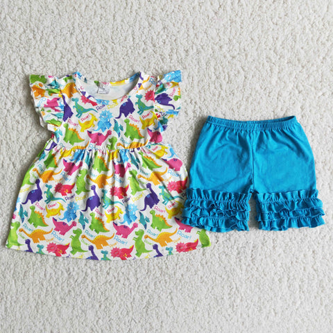 D11-27 Baby Girls Dinosaur Pearl Sleeve Ruffles Shorts Sets