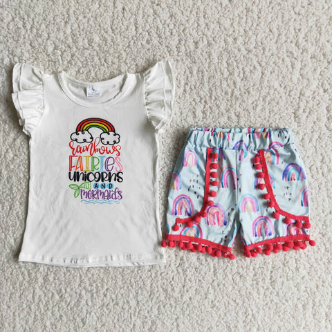 D11-29 Rainbow Baby Girls Pearl Sleeve Ruffles Shorts Sets