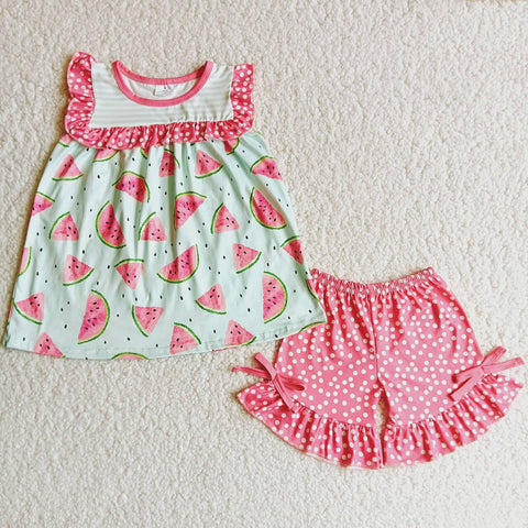 D10-29 Watermelon Baby Girls Sleeveless Ruffles Shorts Sets