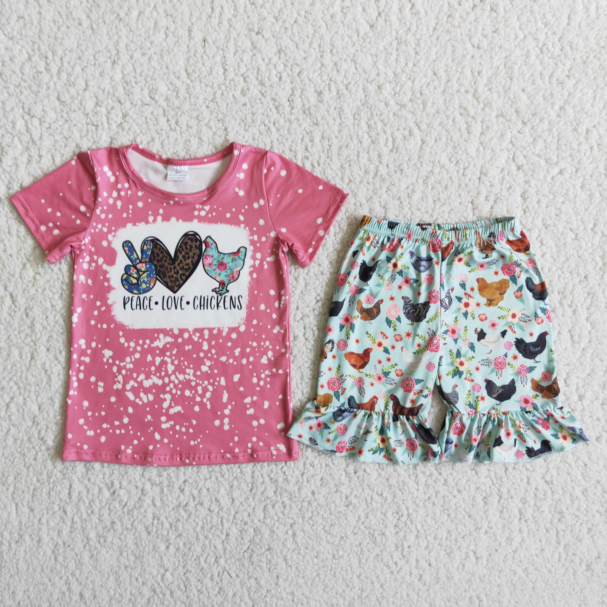 D10-14 Chicken Baby Girls Short Sleeve Ruffles Shorts Sets