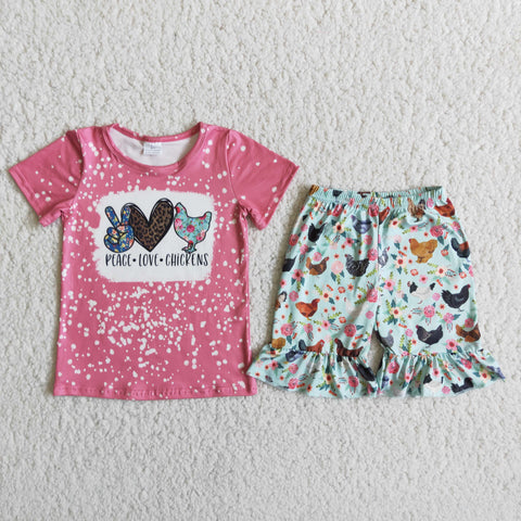 D10-14 Chicken Baby Girls Short Sleeve Ruffles Shorts Sets