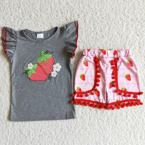 D8-27 Strawberry Baby Girls Short Sleeve Ruffles Shorts Sets