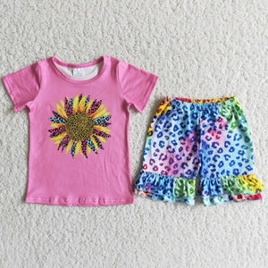 D11-11 Sunflower Baby Girls Short Sleeve Leopard Shorts Sets