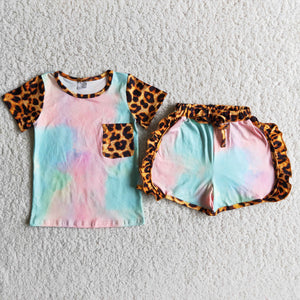 D9-27 Tie-dye Baby Girls Short Sleeve Leopard Shorts Sets
