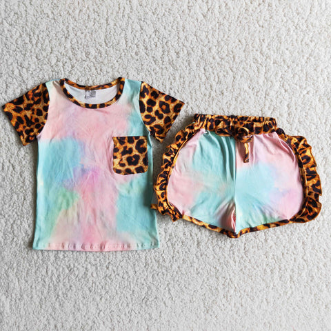 D9-27 Tie-dye Baby Girls Short Sleeve Leopard Shorts Sets