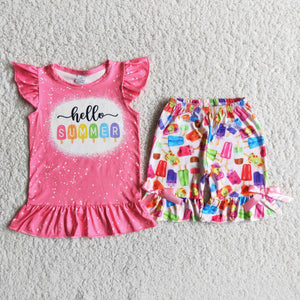 D10-11 Summer Baby Girls Short Sleeve Lce Cream Shorts Sets