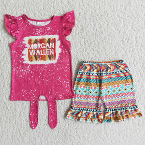 D8-26 Western Style Baby Girls Pearl Sleeve Shorts Sets