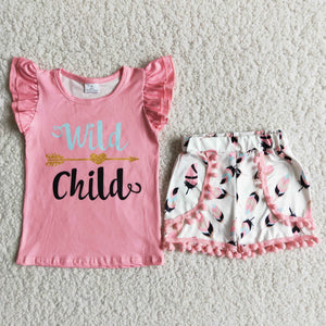 D8-11 Wild Child Baby Girls Pearl Sleeve Shorts Sets