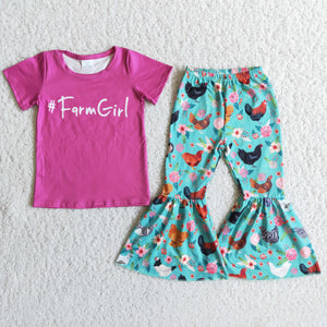 Hot Sale Bleached Designer for Baby Girls Lovely Farm Chicken Bell Bottoms Sets