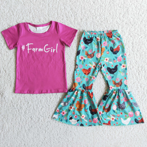 Hot Sale Bleached Designer for Baby Girls Lovely Farm Chicken Bell Bottoms Sets