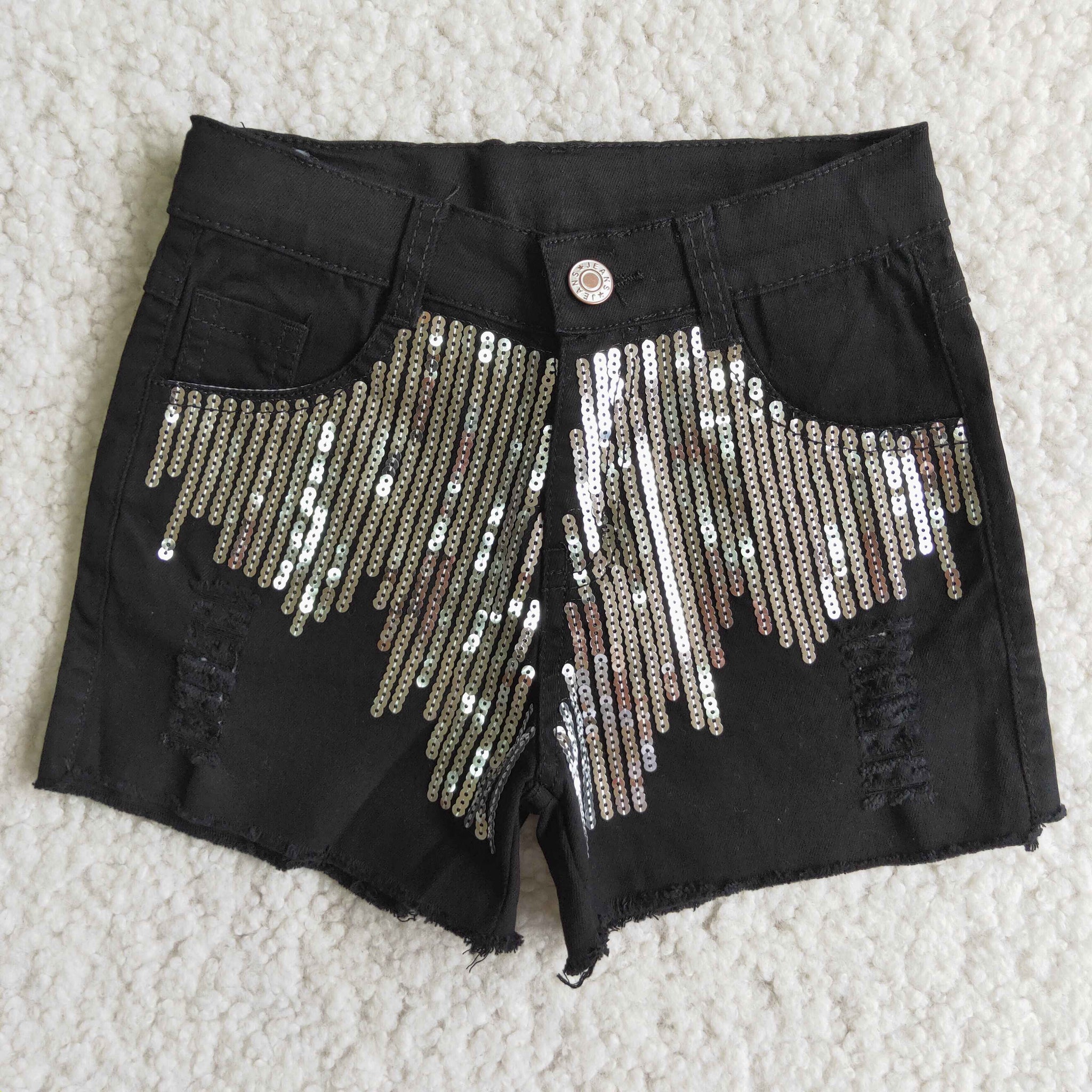 D8-4 Black Sequins Jeans Shorts Pants