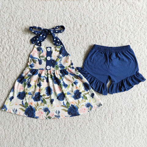 D7-19 Flower Baby Girls Sleeveless Shorts Sets