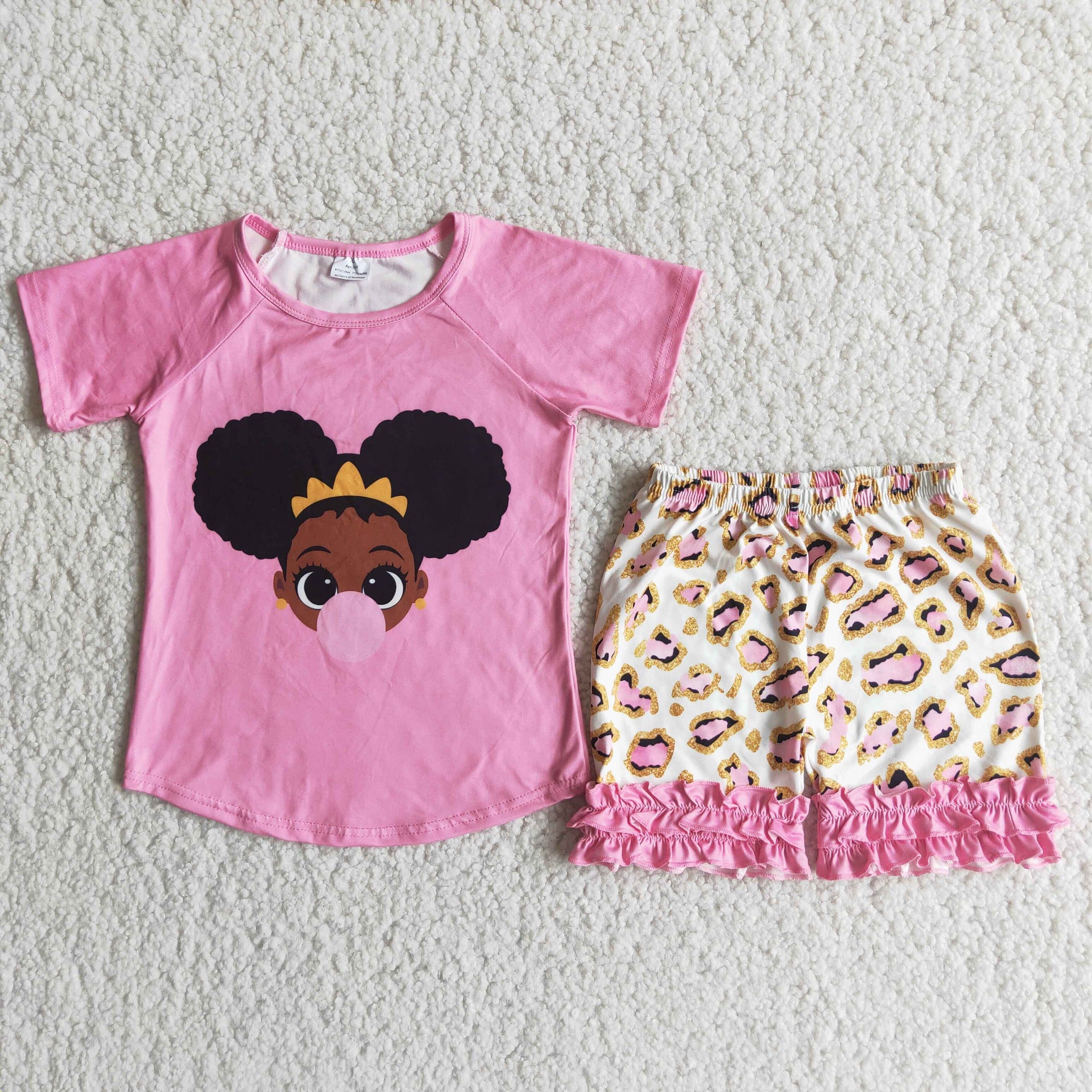D7-12 Baby Girls Short Sleeve Leopard Shorts Sets