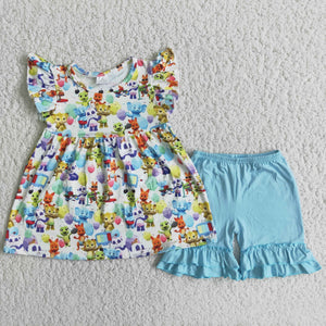 D7-27 Baby Girls Pearl Sleeve Blue Ruffles Shorts Sets